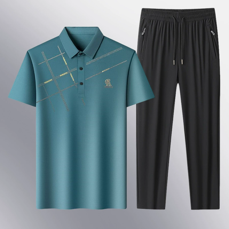 Летний популярный костюм из ледяного шелка с лацканами, короткими рукавами, для мужчин среднего и старшего возраста, деловой повседневный поло, двухкомпонентный костюм для папы