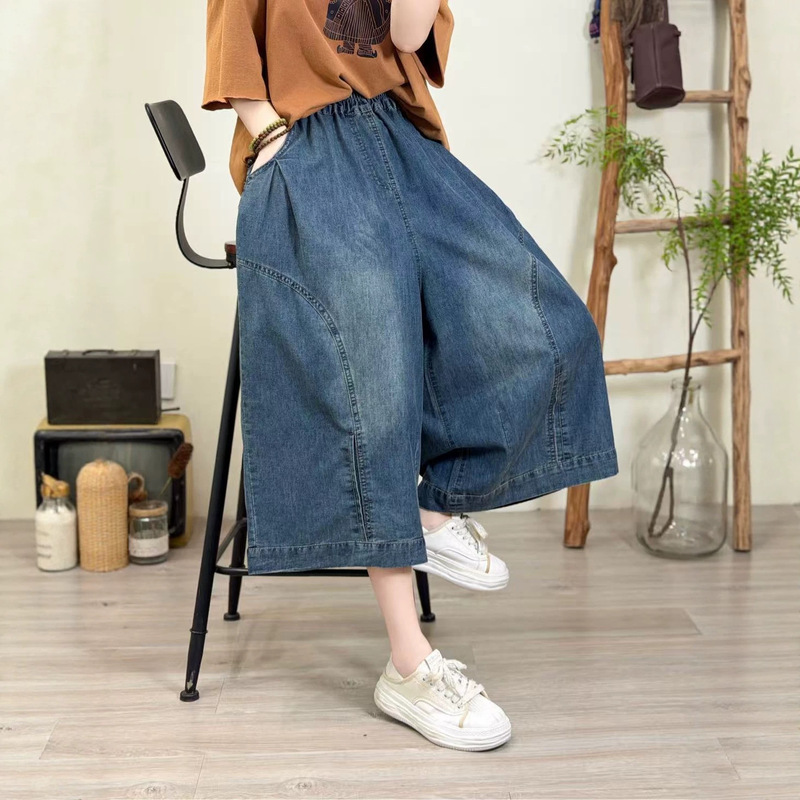 Summer 2026 denim cropped pants, loose casual wide-leg elastic waist, college style, relaxed style, new model