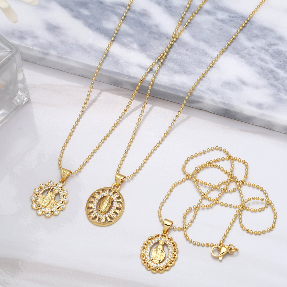 retro golden hollow Virgin Mary tag pendant zircon copper necklace jewelry