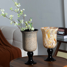 现代高级感艺术法式复古肌理高脚手工中古风灯插花花瓶装饰摆件