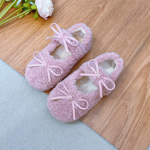 Sweet Furry Shoes for Girls Outer Wear Autumn and Winter 2025 New Velvet Beanie Shoes Bow Flats Bottom Warm Cotton Shoes