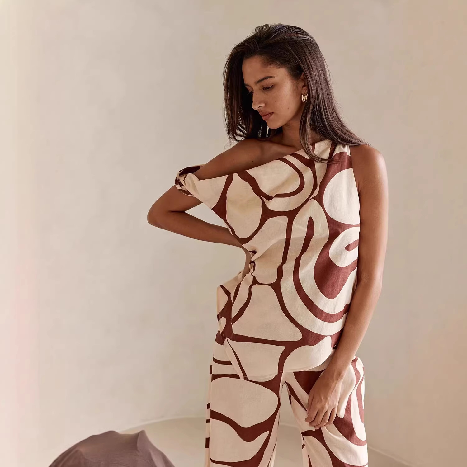 Women's Summer Linen Print Off-Shoulder Sleeveless Wide Leg Pants Set Casual Loose Fit Clothing_ecoleips.com