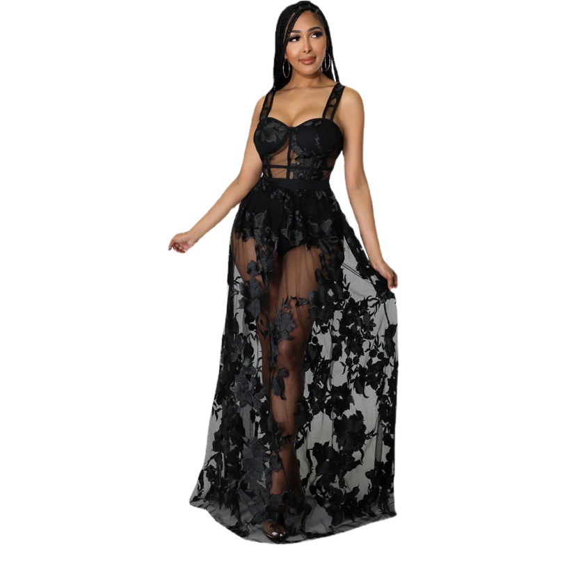 Vestido HX053 de Amazon, color sólido, bordado, transparente, entallado, sin elasticidad, con tirantes finos, efecto adelgazante, estilo francés, versátil, cintura alta