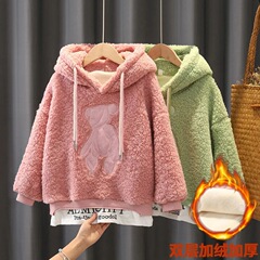 Winter Girl Lamb Wool Hooded Jacket with Fleece Lining Thick Winter Coat for Middle Kids Long Sleeve Pseudo Two-Piece Integrated Fleece Sweatshirt