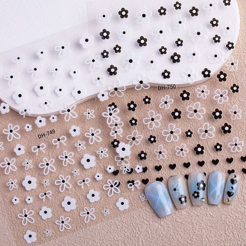 Black and White Flower Nail Art Stickers New Style Fragrance High-Level Sense Small Daisy Camellia Flower Nail Decals Wholesale