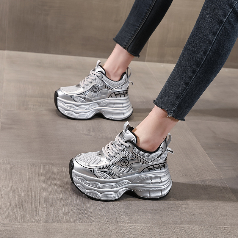 Giày sneaker nữ chunky đế dày mặt lưới tăng chiều cao — Màu trắng