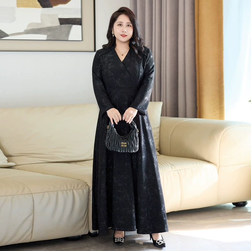 Spring long-sleeve, skirt, plus size, V-neckline, slim fit