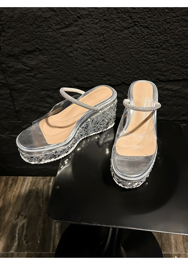 Sandal cao gót nữ hở mũi đế xuồng gót 10 cm phối sequin lấp lánh — màu đen, bạc chi tiết 18