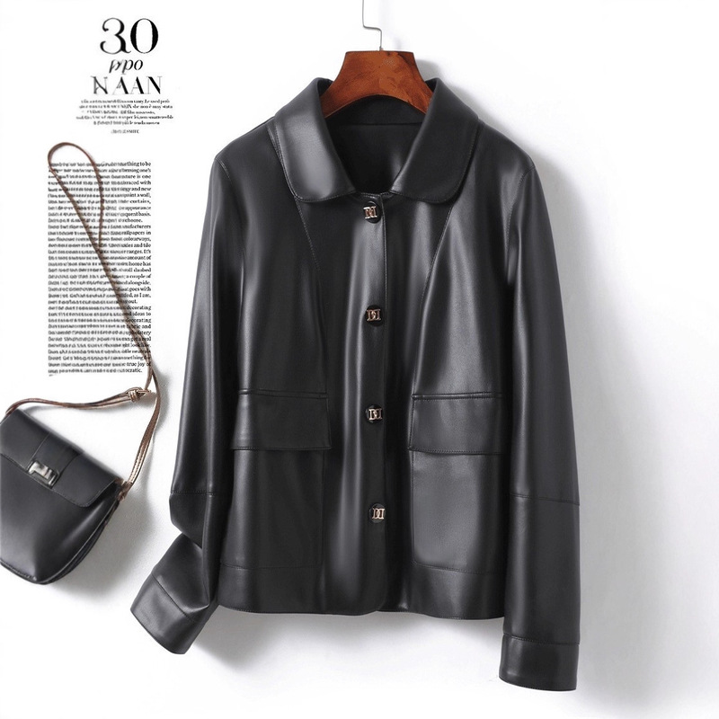 Leather Jacket Women's Genuine Leather Jacket Short Lapel Pink Age-Reducing Korean Style Leather Jacket Haining Autumn and Winter New Sheepskin