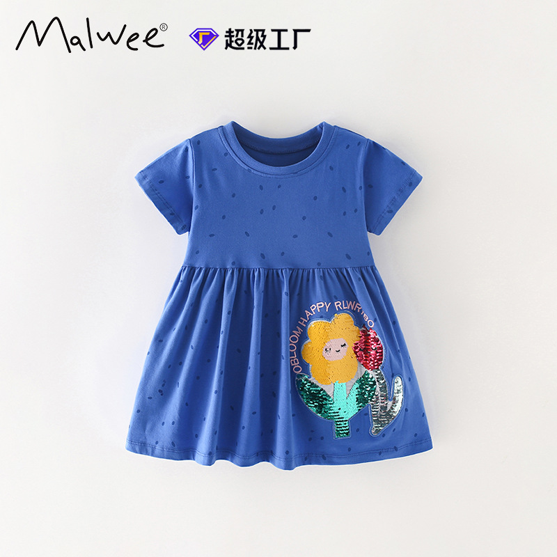Malwee falda de niña de verano nuevo estilo europeo y americano niño de cuello redondo de manga corta vestido de niña de estilo extranjero