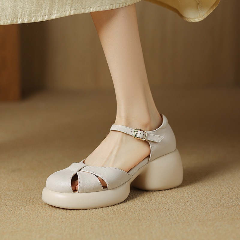 Sandal cao gót nữ quai ngang da cừu mũi nhọn đế dày — Màu be