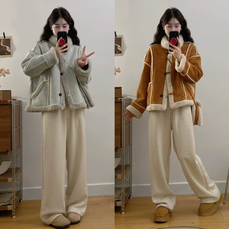 Большой размер женская зимняя новая шерстяная сшивание дизайн ощущение толстого мотоциклетного пальто сумка полотенце клейкие рисовые брюки
