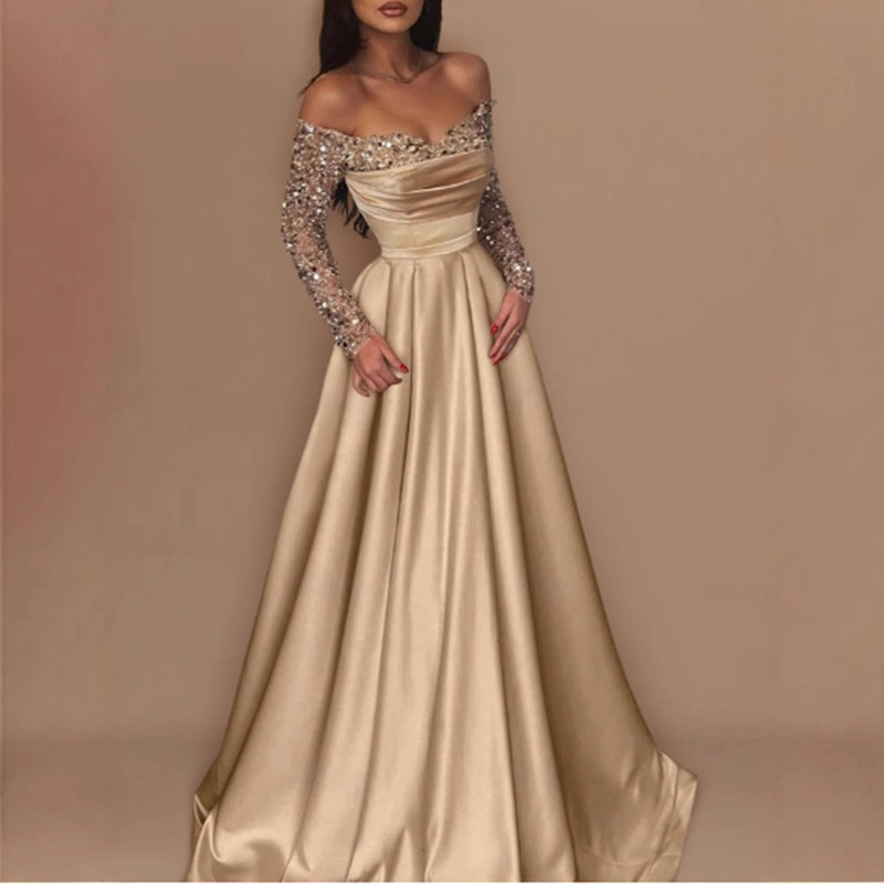 2027 European and American Cross-Border Women's Long-Sleeve Elegant Celebrity Annual Meeting Host Queen-Style Sequin Evening Dress 2027 European and American Cross-Border Women's Long-Sleeve Elegant Celebrity Annual Meeting Host Queen-Style Sequin Evening Dress
