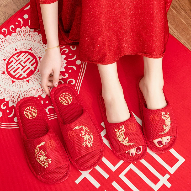 Свадебные свадебные тапочки Праздничная пара красных льняных сандалий невесты для женщин и мужчин свадебные