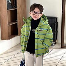 22冬新款中小童男女童韓國童裝手塞棉超厚綠色條紋連帽棉服外套