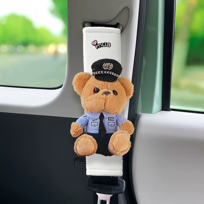 Seat belt shoulder pad: Interior Bear Seat Belt Protective - white-velvet-blue-bear