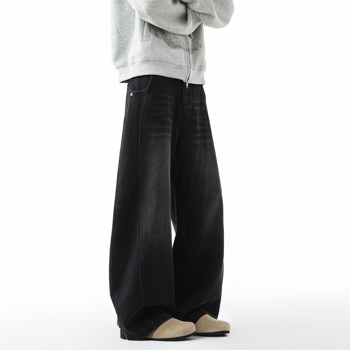 美式阔腿黑色牛仔裤男春季直筒宽松长裤高街水洗休闲裤子现货代发