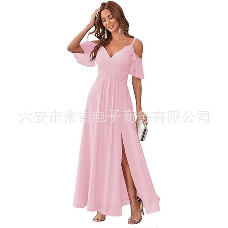 Cross-border New European and American Women's Shoulder-exposed Chiffon Bridesmaid Dress with Split Long Amazon Formal Party Dress Cross-border New European and American Women's Shoulder-exposed Chiffon Bridesmaid Dress with Split Long Amazon Formal Party Dress
