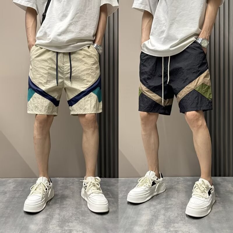 2025 New Summer Men's Ice Silk Quick-Drying Shorts Color Matching Trendyy Loose Straight Five-Point Pants Casual Beach Pants