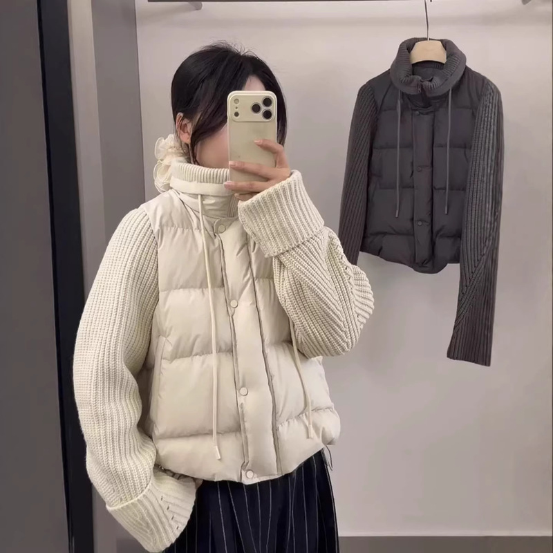 Korean Original 90% White Duck down Super Stylish Knitted Patchwork Stand Collar down Jacket for Women, Versatile and Warm Winter Coat