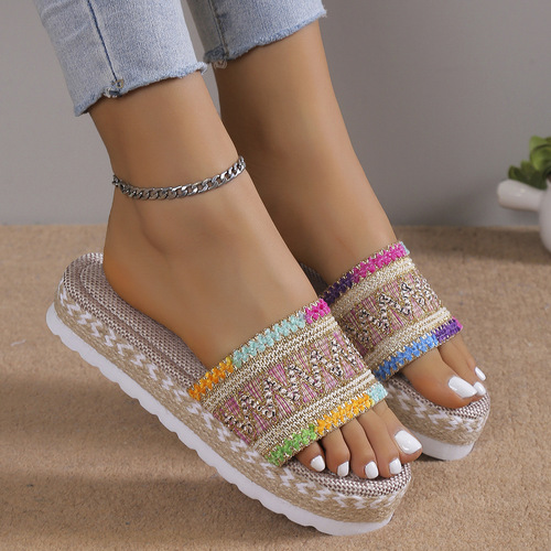  New European and American Ethnic Style Foreign Trade Large Size Women's One-Piece Thick Sole Fish Mouth Jute Candy Color Slippers