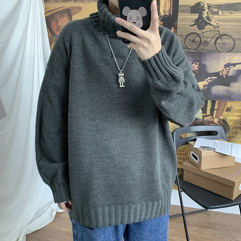 Suéter de cuello alto camisa de fondo grueso suelto de los hombres Otoño e Invierno estilo coreano de moda color sólido ins suéter de estilo Hong Kong