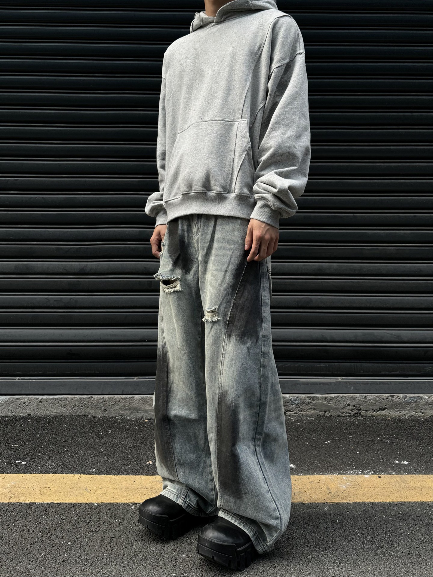 High Street Summer Retro Autumn Vibe Ink Splash Hole Jeans Loose Deconstructed Straight Wide Leg Long Pants_viptrois.com