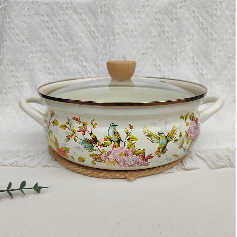 Old-Fashioned Enamel Pot with Double Handles, Thickened Household Soup Pot, Hot Pot with Lid, Anti-Spill Shallow Soup Pot, Seafood Pot, Flat-Bottomed Soup Pot