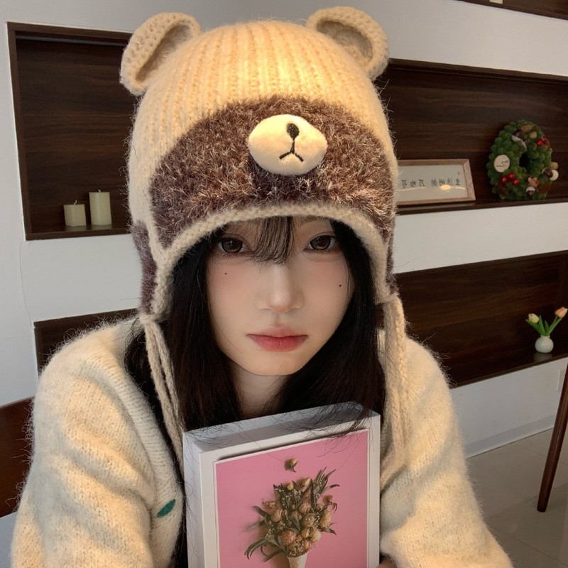 韩版小熊耳朵针织毛线帽子女秋冬加厚保暖护耳帽显脸小百搭套头帽|undefined