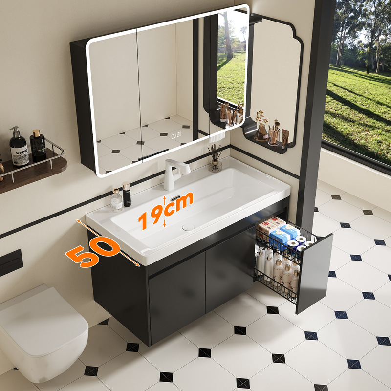50cm wide, 19cm deep ceramic integrated basin, all-aluminum black bathroom cabinet with pull-out basket, multifunctional storage washbasin