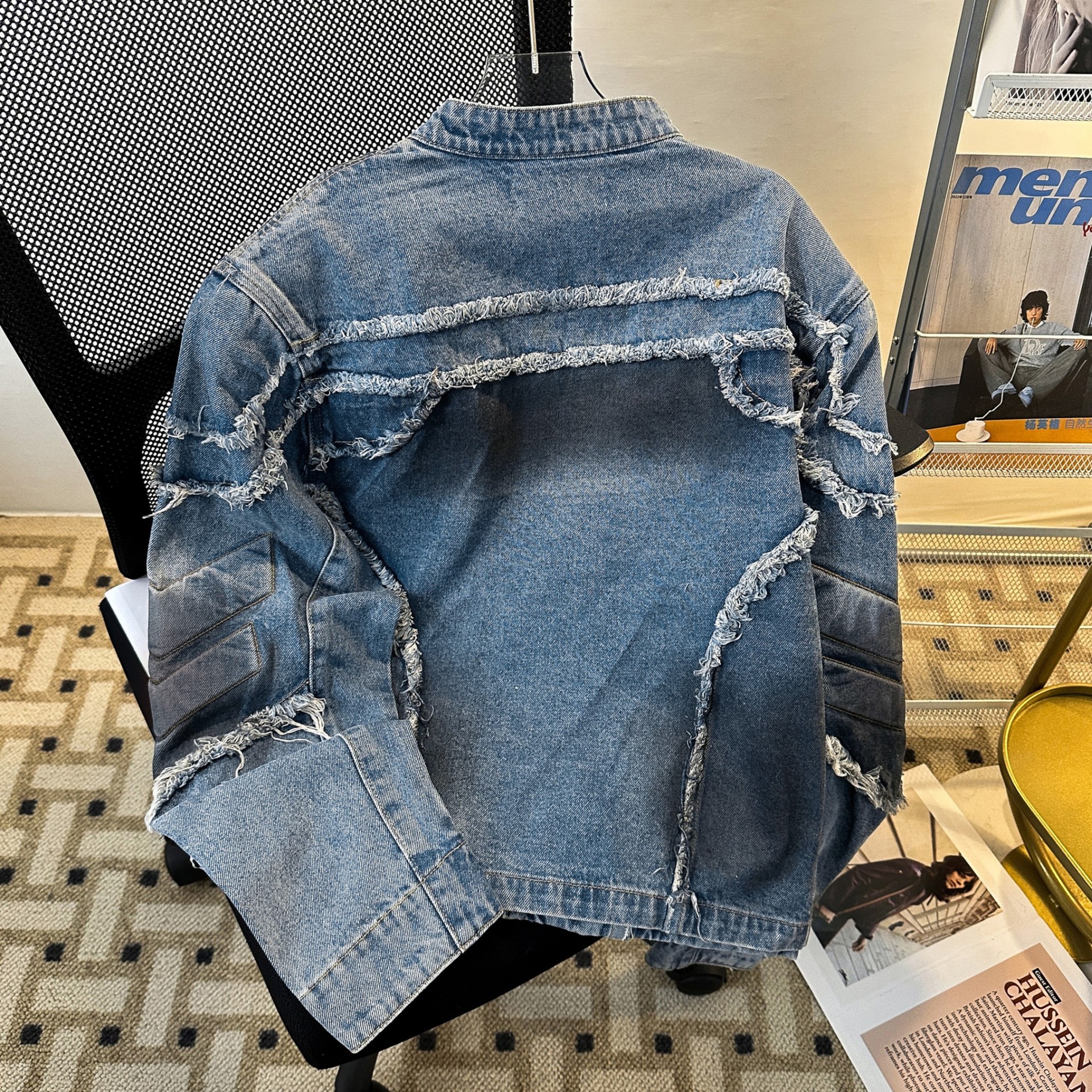 Embossed Fringed Shoulder Padded Denim Jacket, Retro And Cool Top, Stand Up Collar, Trendy Brand Motorcycle Jacket_voghion.com