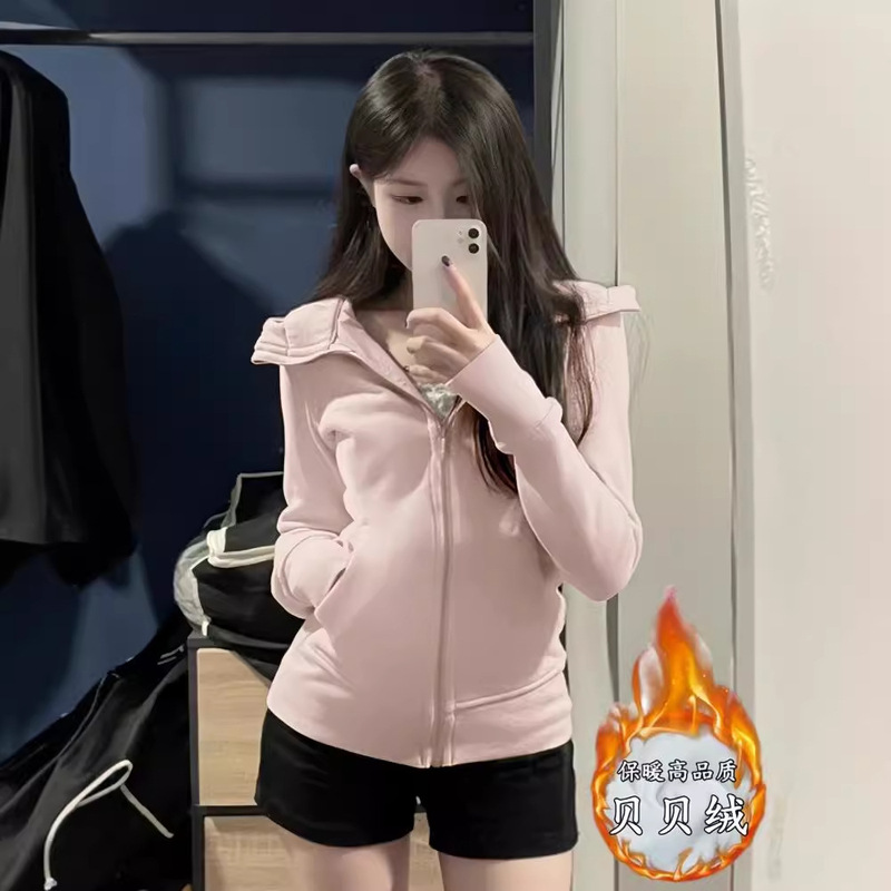 Trendy Slim-Fit Short Jacket for Women with Fleece Lining, Thickened for Autumn and Winter 2025, Hooded Sports Sweatshirt
