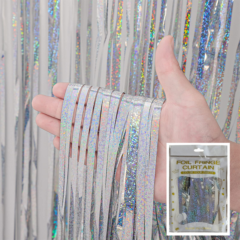 Cortina de lluvia de colores de alto brillo transfronteriza decoración de fiesta de cumpleaños cortina de lluvia láser de macaron brillante de 1*2 m