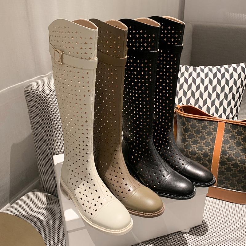Boot nữ cổ cao rỗng dạng lưới, phong cách hè, ống cao thoáng khí — Màu đen chi tiết 12