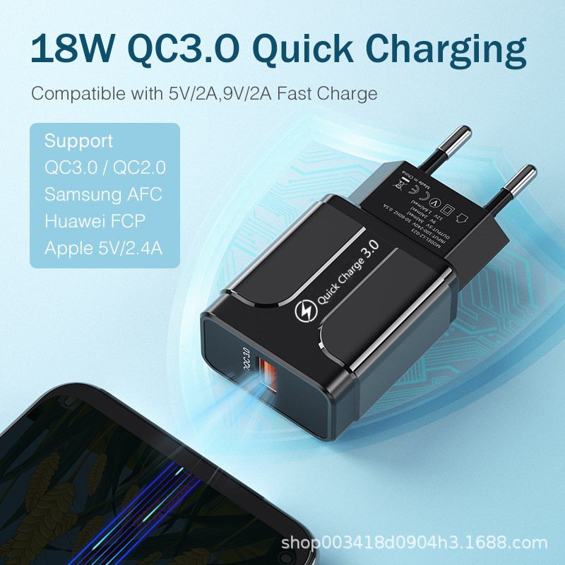 Estuche europeo y americano de carga rápida QC3.0 puerto único 5V/3A cabezal de carga carga rápida carga flash cargador de teléfono inteligente