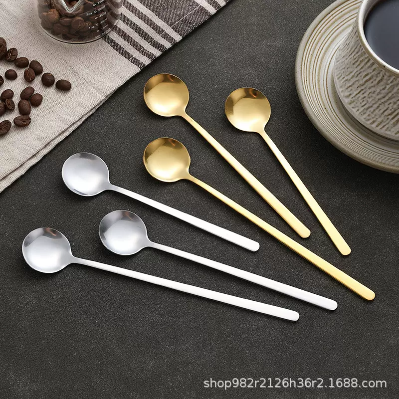 不锈钢勺子长柄小圆勺金色咖啡搅拌勺家用冰勺高颜值甜品勺燕窝勺