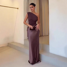 亚马逊速卖通外贸女装2025年新款纯色露肩上衣拼接缎面气质长裙女