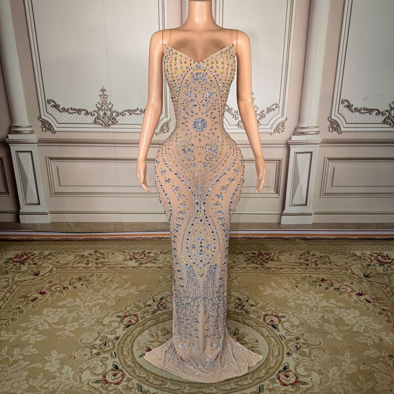 Elegant and Luxurious Nude-Colored Sheer Mesh Deep V-Neck Dress for Singers and Hosts at Important Occasions, Parties, and Evening Events Elegant and Luxurious Nude-Colored Sheer Mesh Deep V-Neck Dress for Singers and Hosts at Important Occasions, Parties, and Evening Events