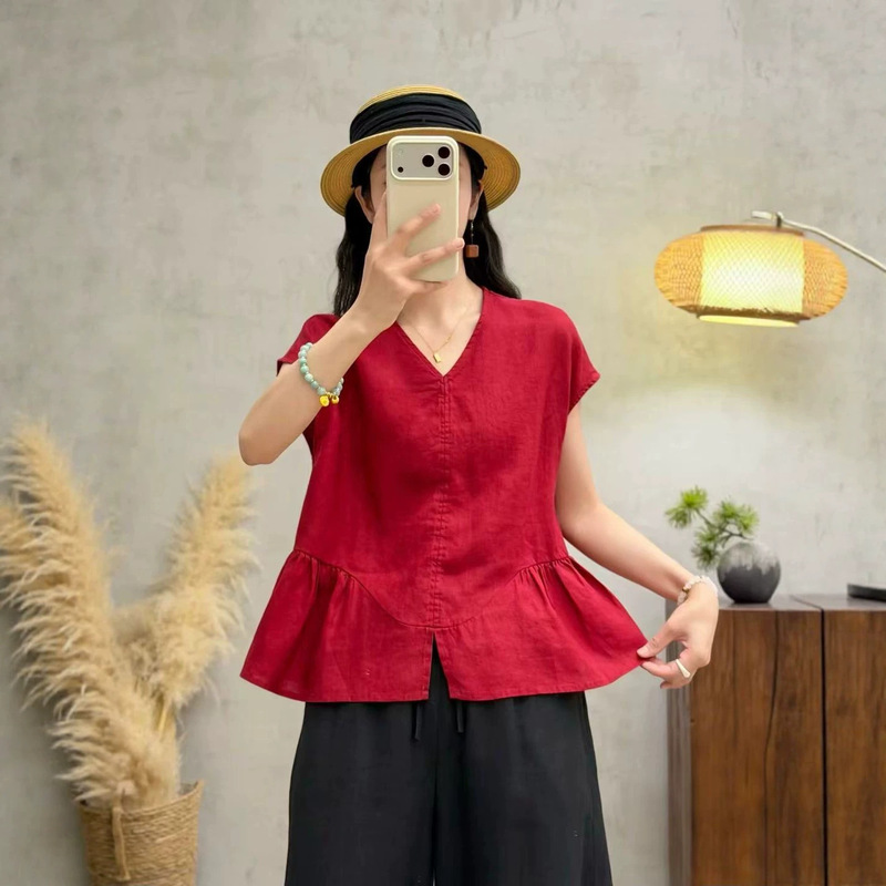 2026 Summer New Style Pure Linen Seamless Stitching V-Neck Short-Sleeve Shirt Loose Fashion Pullover Women's Top