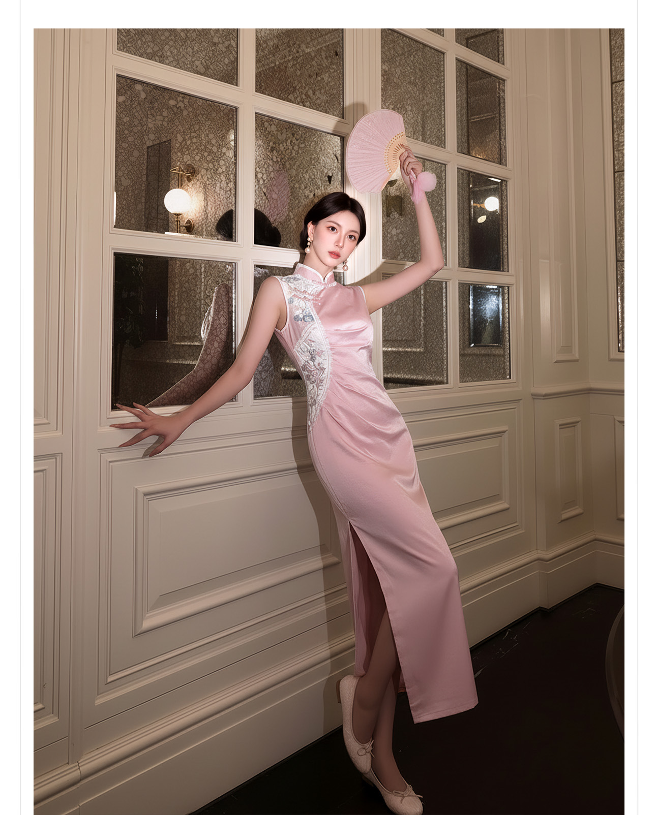 Đầm maxi nữ thắt eo cổ đứng thêu hoa phong cách Trung Hoa mùa hè — màu hồng chi tiết 15