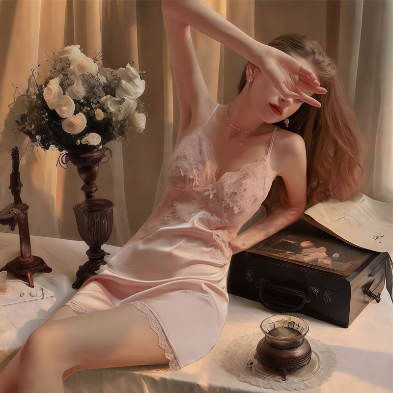 Meishilan Sexy Pajamas for Women Summer Thin Style with Breast Pads Ice Silk Temptation Beautiful Back Private Lace Suspender Nightgown 130