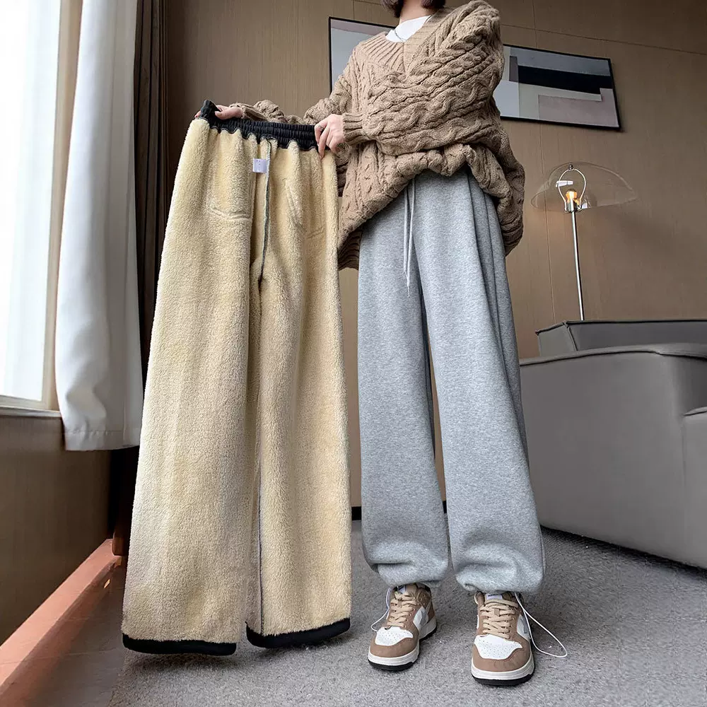 羊羔绒阔腿裤女秋冬季加绒加厚保暖棉裤外穿休闲抽绳束脚运动卫裤