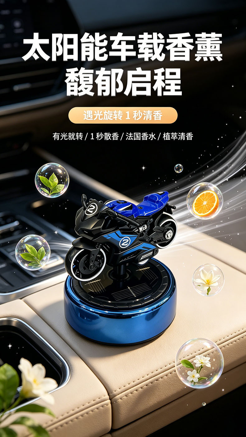 Alloy motorcycle model car-mounted new aromatherapy ornament, essential oil ornament for car dashboard, slow-rotating diffuser