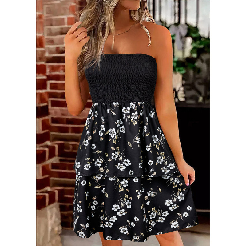 2023 European and American Cross-border Hot Selling Flower Pleated Strapless Mini dress