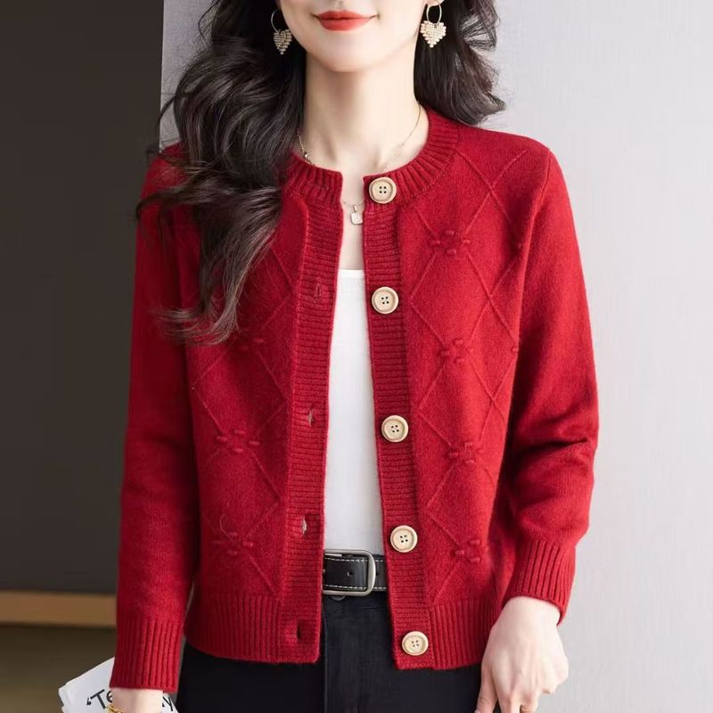 秋装新款百搭圆领提花针织开衫女时尚气质宽松长袖短款毛衣外套|undefined