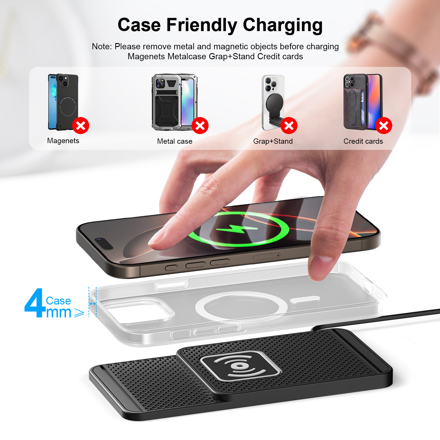 D1 Avoidance and Convex Lens Car Anti-Slip Wireless Fast Charger Suitable for All Models of Apple, Samsung, Huawei and Xiaomi