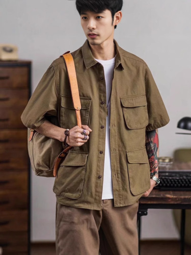 Workwear Japanese retro short-sleeve shirt for men, thin cotton, multi-pocket casual outerwear, stylish chic jacket