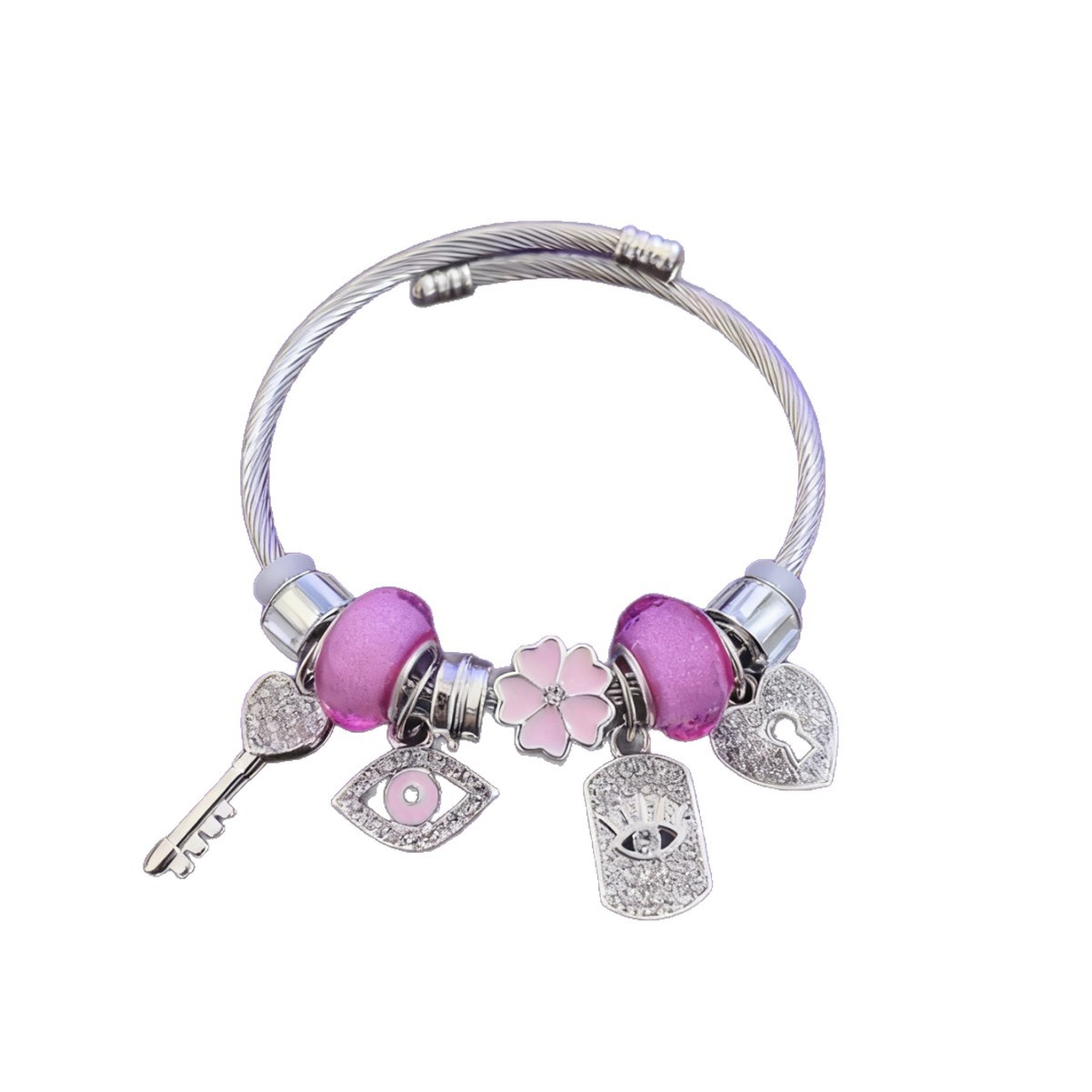 Explosiones transfronterizas Panjia brazalete de acero inoxidable rosa diamante aleación diablo ojo llave cerradura joyas de flores de amor image 6