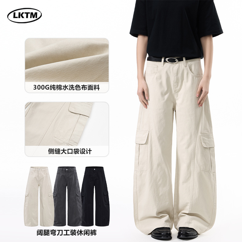 Lktm Men's Clothing American-Style Washed Cotton Multi-Pocket Cargo Pants Unisex Loose Fit Trendy Casual Long Pants