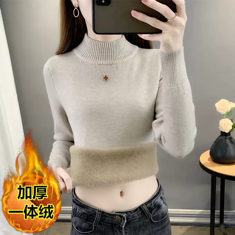Velvet knitted keep warm sweater, increased thickness, plus size, high collar